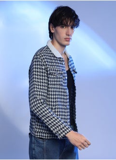 Campus Sutra Men's Navy Blue & Moon Grey Fleece Houndstooth Denim Jacket  - Image 2