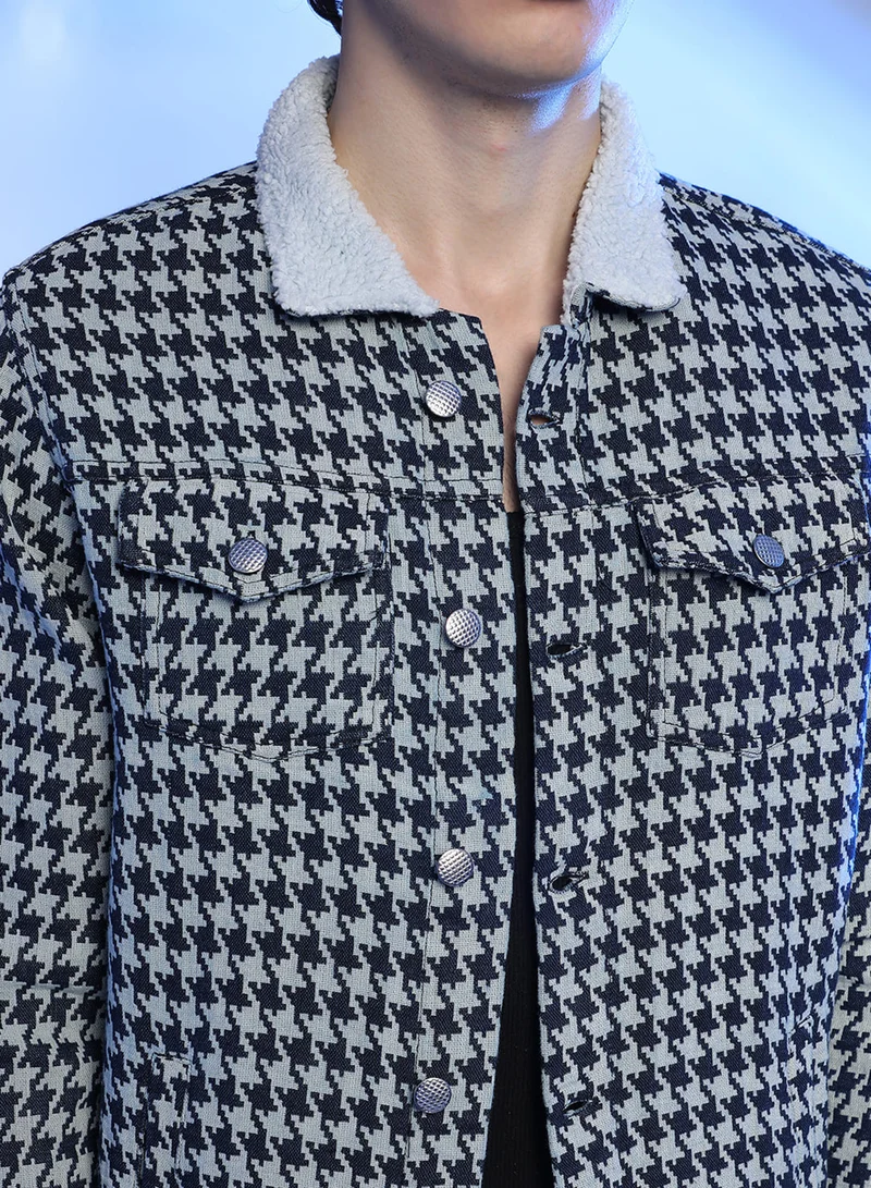 كامبوس سوترا Men's Navy Blue & Moon Grey Fleece Houndstooth Denim Jacket