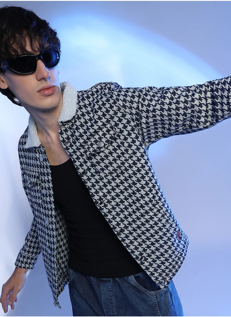 Campus Sutra Men's Navy Blue & Moon Grey Fleece Houndstooth Denim Jacket