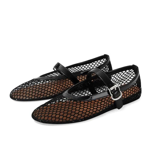 MICIFA Women's Mesh Ballet Flats Ballerina Fishnet Flats Buckle Mary Jane Flats Causal Daily Dress Shoes, 8, Black-fba - Image 1