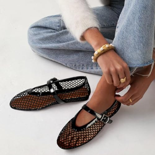 MICIFA Women's Mesh Ballet Flats Ballerina Fishnet Flats Buckle Mary Jane Flats Causal Daily Dress Shoes, 8, Black-fba - Image 3