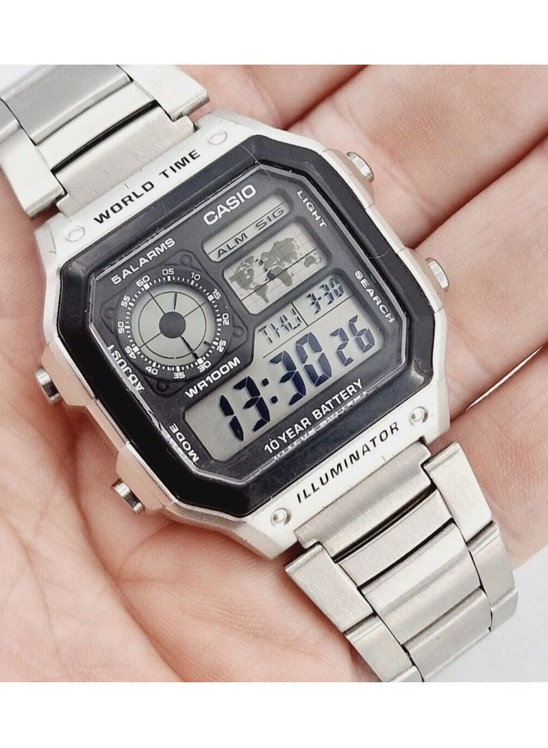 CASIO Casio Collection Rectangle Casual Watch for Men  AE-1200WHD-1AVDF Black Dial, Silver Band - Image 2
