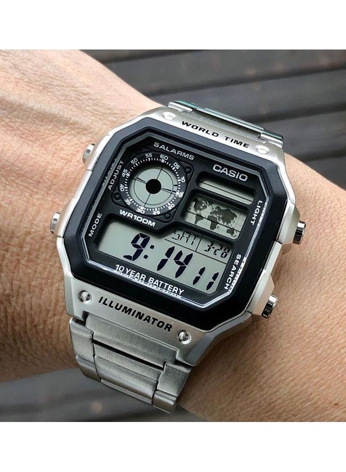 CASIO Casio Collection Rectangle Casual Watch for Men  AE-1200WHD-1AVDF Black Dial, Silver Band - Image 3