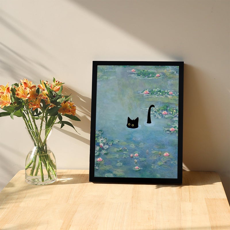 Fantasy Artists Monet Water Lilies Cat Wall Art, Framed Vintage Canvas Art Wall Decor, Funny Black Cat Posters Prints for Bathroom Bedroom Living Room Home Office Decorations 8" Wide X 10" Height - Image 2