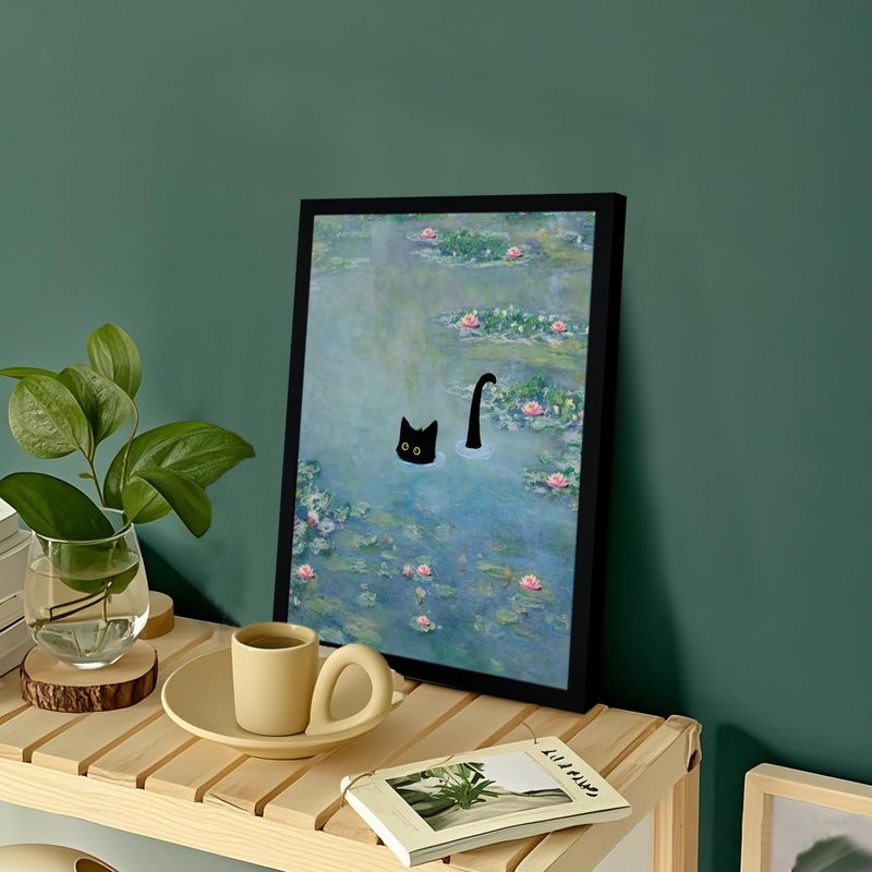 Fantasy Artists Monet Water Lilies Cat Wall Art, Framed Vintage Canvas Art Wall Decor, Funny Black Cat Posters Prints for Bathroom Bedroom Living Room Home Office Decorations 8" Wide X 10" Height - Image 4
