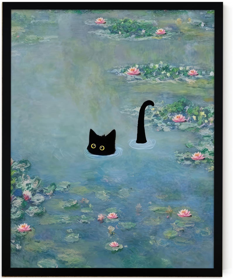 Fantasy Artists Monet Water Lilies Cat Wall Art, Framed Vintage Canvas Art Wall Decor, Funny Black Cat Posters Prints for Bathroom Bedroom Living Room Home Office Decorations 8" Wide X 10" Height - Image 1