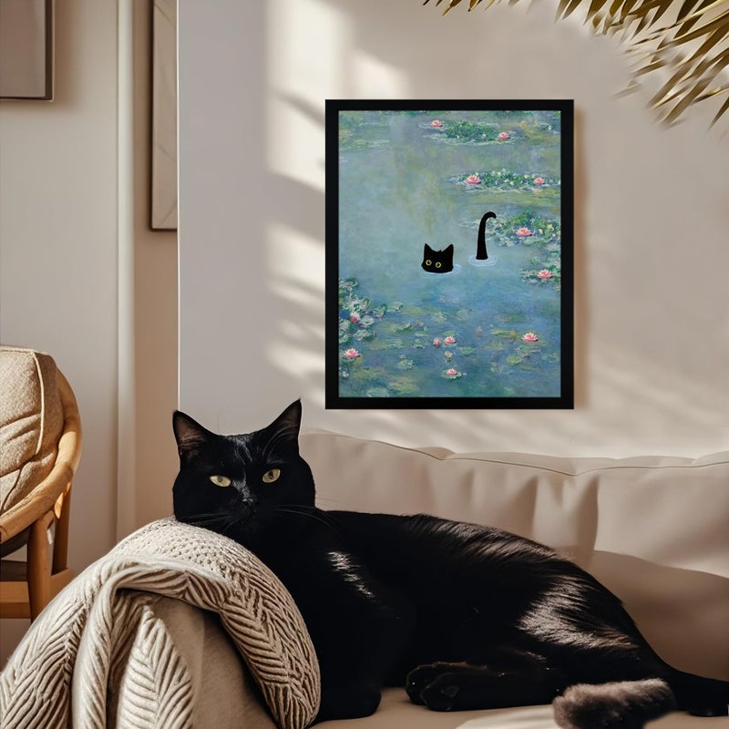 Fantasy Artists Monet Water Lilies Cat Wall Art, Framed Vintage Canvas Art Wall Decor, Funny Black Cat Posters Prints for Bathroom Bedroom Living Room Home Office Decorations 8" Wide X 10" Height - Image 5