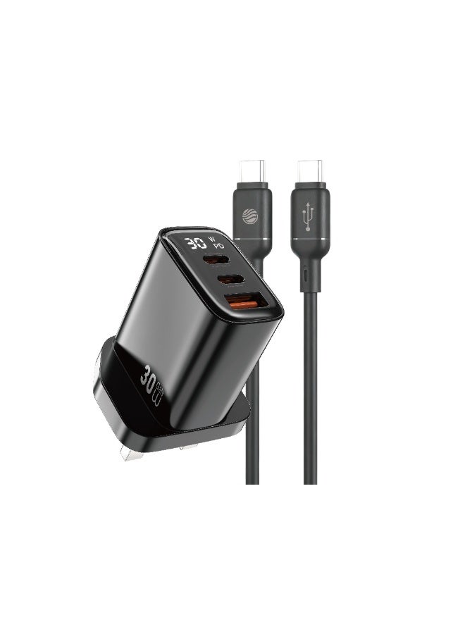 FIFTH ELEMENT PULSE Firefly 30W GaN USB-C PD 3 in 1 Fast Charger with Digital Watt Display & USB-A Port, Compact 2-Port Wall Adapter – Black - Image 1