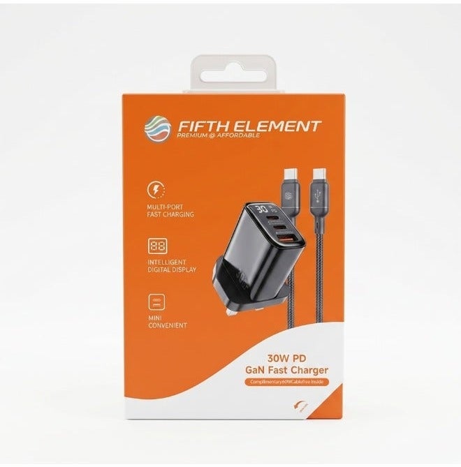 FIFTH ELEMENT PULSE Firefly 30W GaN USB-C PD 3 in 1 Fast Charger with Digital Watt Display & USB-A Port, Compact 2-Port Wall Adapter – Black - Image 5