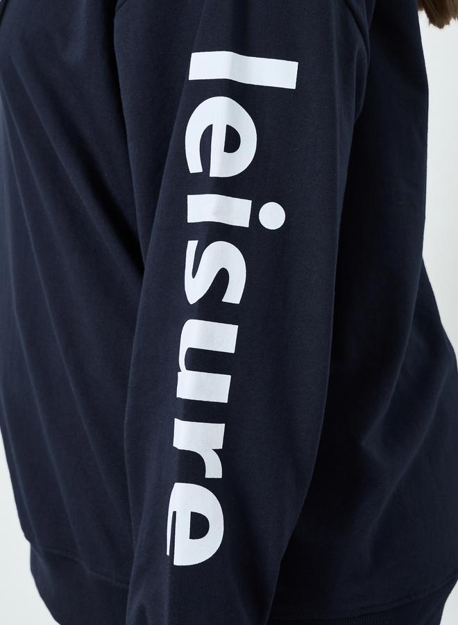 Styli Plus Size Navy Blue Slogan Print Longline Hoodie - Image 4