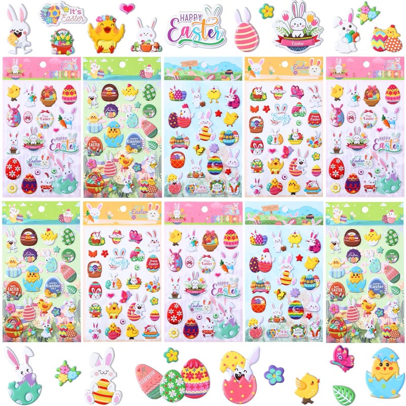 UPINS Easter Puffy Stickers for Kids, 10 Sheets Easter 3D Cute Puffy Stickers Rabbit Egg Carrots Chicke Foam Stickers Decals for Party Favors Scrapbooking DIY Crafts Art Making Decorations - Image 1