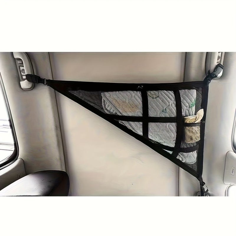 Beige Car Ceiling Storage Net Adjustable Mesh Roof Organizer Pocket For Auto Interior Cargo Stowing - Image 1