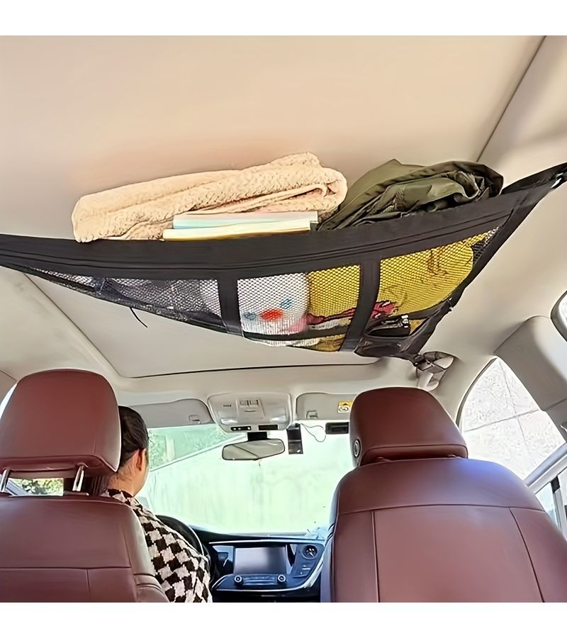 Beige Car Ceiling Storage Net Adjustable Mesh Roof Organizer Pocket For Auto Interior Cargo Stowing - Image 4