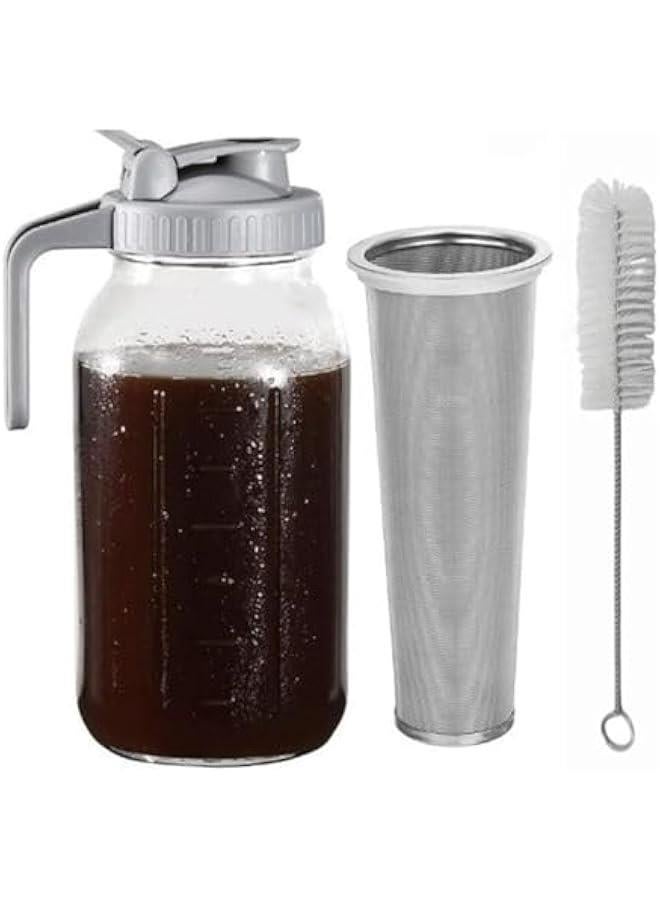 هوكور ابريق تحضير القهوة من هوكور، برطمان ماسون زجاجي واسع الفم شديد التحمل 64 اونصة مع فلتر وفرشاة من الستانلس ستيل عالي التحمل، لعصير الليمون المثلج، مشروبات الفاكهة، حاوية مشروبات الفاكهة محلية الصنع - Image 1