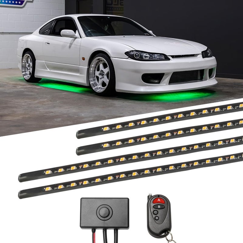 LEDGlow 4pc Green Flexible Car Slimline LED Underbody Underglow Accent Neon Lighting Kit 4 Unique Patterns Water Resistant Low Profile Tubes Includes Control Box Remote
