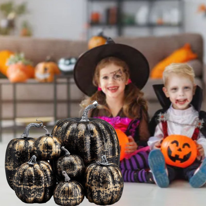 Simulated Pumpkin: 7-Piece Black And Gold Foam Set, Realistic Stem Design, Different Sizes - Reusable Decor Prop For Harvest Festival, Wedding, Tabletop Display, Photo Prop, DIY Projects - Image 3