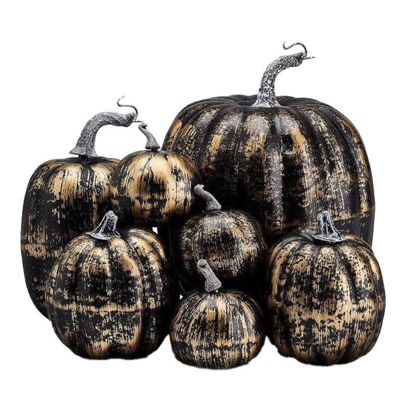 Simulated Pumpkin: 7-Piece Black And Gold Foam Set, Realistic Stem Design, Different Sizes - Reusable Decor Prop For Harvest Festival, Wedding, Tabletop Display, Photo Prop, DIY Projects - Image 4