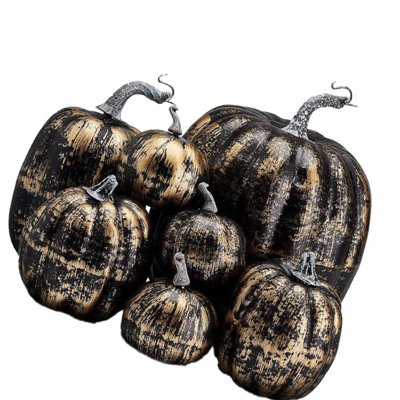 Simulated Pumpkin: 7-Piece Black And Gold Foam Set, Realistic Stem Design, Different Sizes - Reusable Decor Prop For Harvest Festival, Wedding, Tabletop Display, Photo Prop, DIY Projects - Image 2