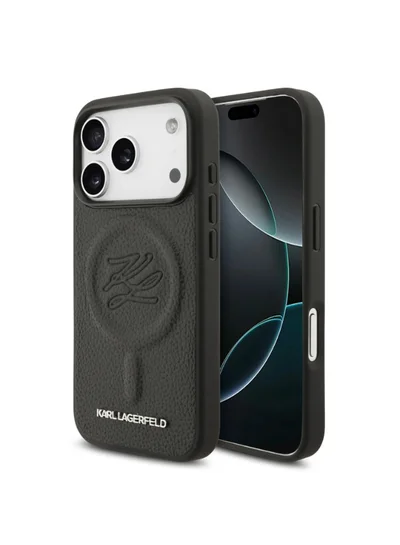 كارل لاغرفيلد غطاء iPhone 17 Pro / جراب MagSafe من جلد البولي يوريثان مع شعار محفور / أسود