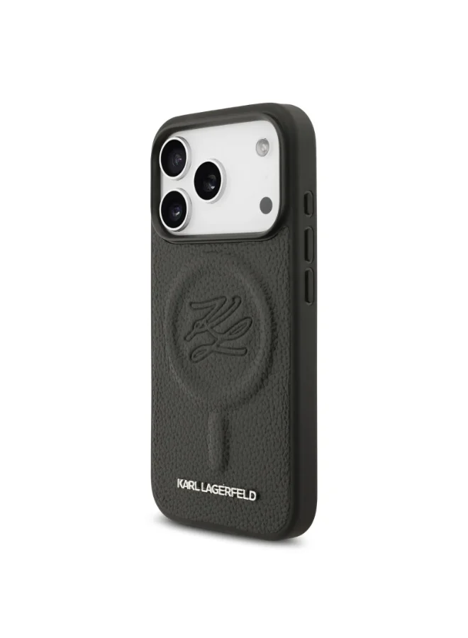 كارل لاغرفيلد غطاء iPhone 17 Pro / جراب MagSafe من جلد البولي يوريثان مع شعار محفور / أسود