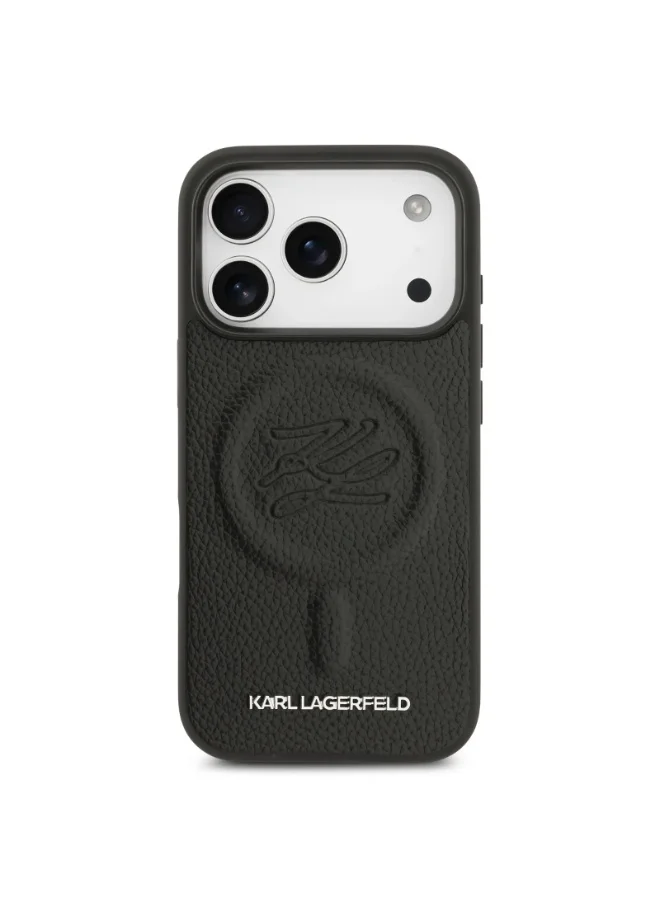 كارل لاغرفيلد غطاء iPhone 17 Pro / جراب MagSafe من جلد البولي يوريثان مع شعار محفور / أسود