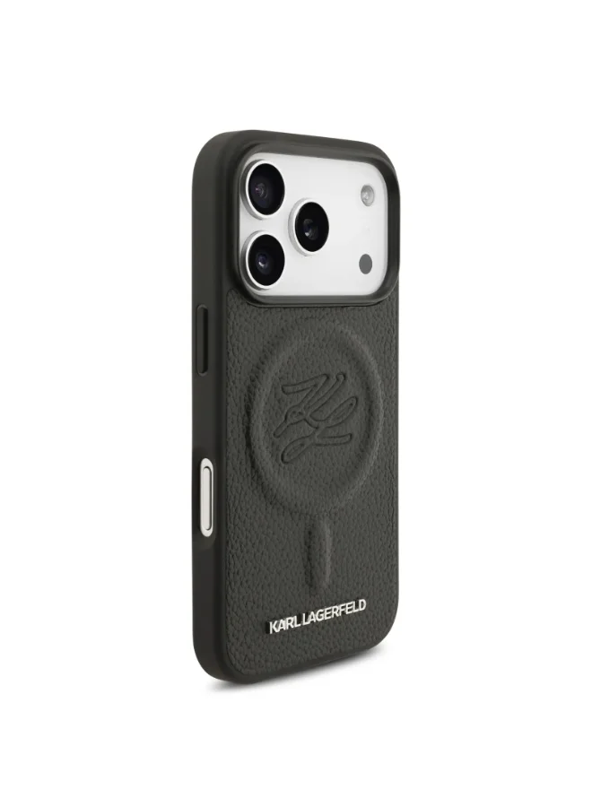 كارل لاغرفيلد غطاء iPhone 17 Pro / جراب MagSafe من جلد البولي يوريثان مع شعار محفور / أسود