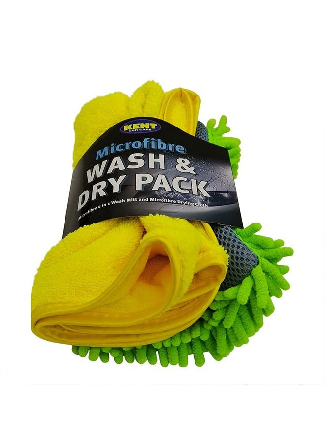 KENT - KENT Microfibre Wash and Dry Pack High Quality 2 in 1 Wash Mitt and Microfibre Drying Cloth - Image 1