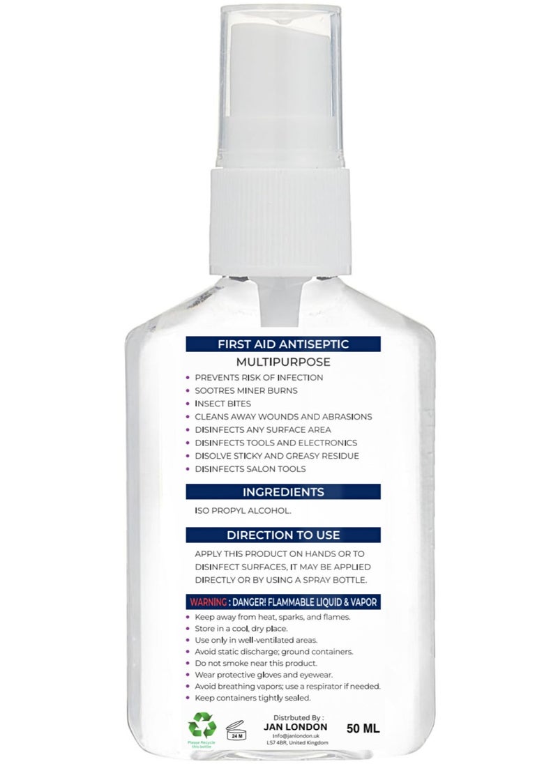 JAN LONDON - Isopropyl Rubbing Alcohol, IPA 99.9% High Purity – Multipurpose Disinfectant & Cleaner for Surfaces, Electronics, First-Aid, and More – Fast Evaporating, Residue-Free, 50ml Spray - Image 1