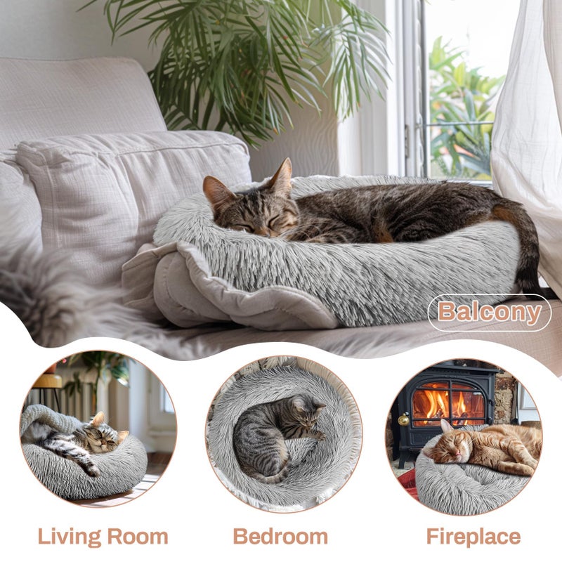 Rainflow Cat Bed - Calming Cat Bed for Small Kittens Donut Washable Round for Indoor Kittens and Puppies, Anti-Slip Round Fluffy Plush Faux Fur, Small, Light Grey - Image 5