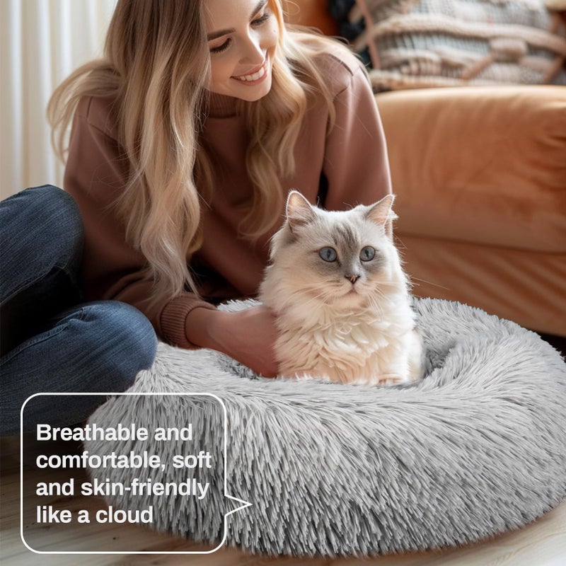Rainflow Cat Bed - Calming Cat Bed for Small Kittens Donut Washable Round for Indoor Kittens and Puppies, Anti-Slip Round Fluffy Plush Faux Fur, Small, Light Grey - Image 4