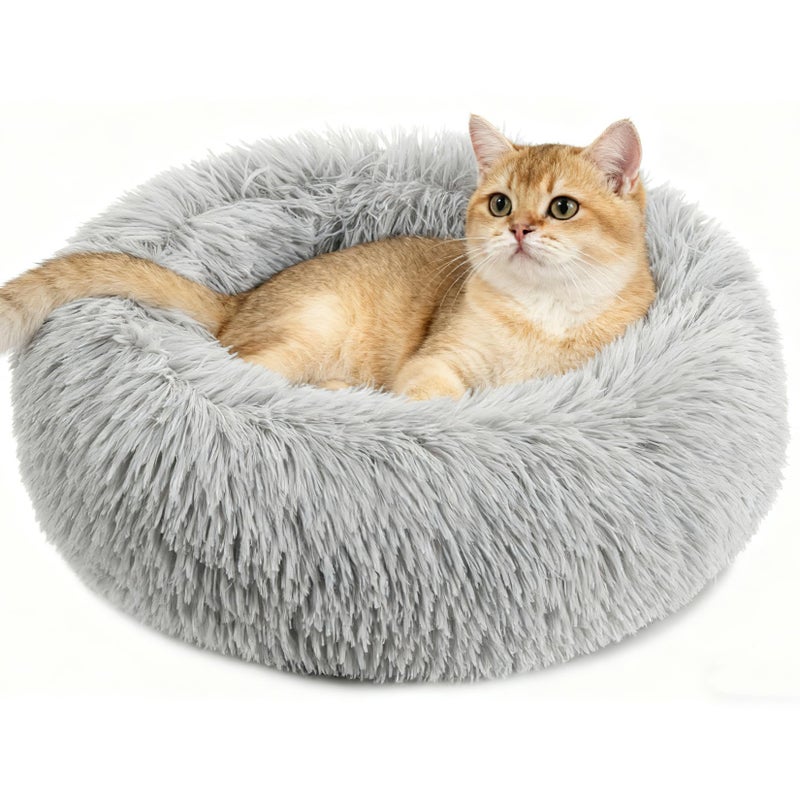 Rainflow Cat Bed - Calming Cat Bed for Small Kittens Donut Washable Round for Indoor Kittens and Puppies, Anti-Slip Round Fluffy Plush Faux Fur, Small, Light Grey - Image 1