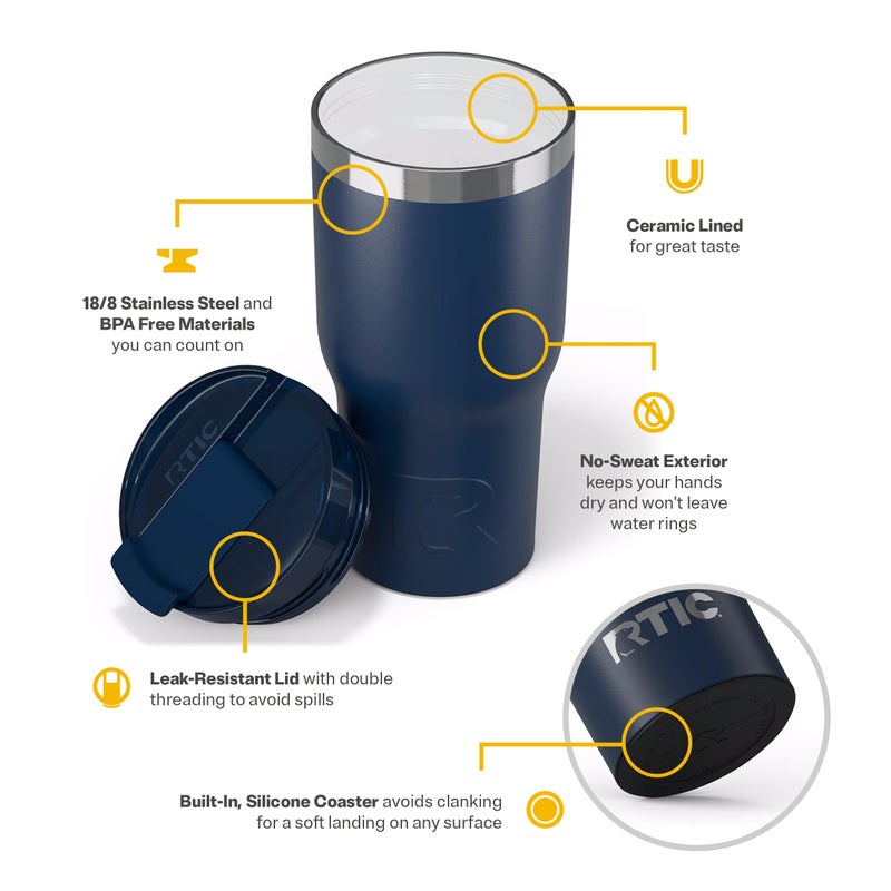 RTIC 20oz Essential Tumbler with Lid, Ceramic Lined, Insulated, Stainless Steel, Metal, Double Wall Vacuum-Insulation, Travel Cup for Iced Coffee, Tea, Hot and Cold Drink, Navy - Image 4