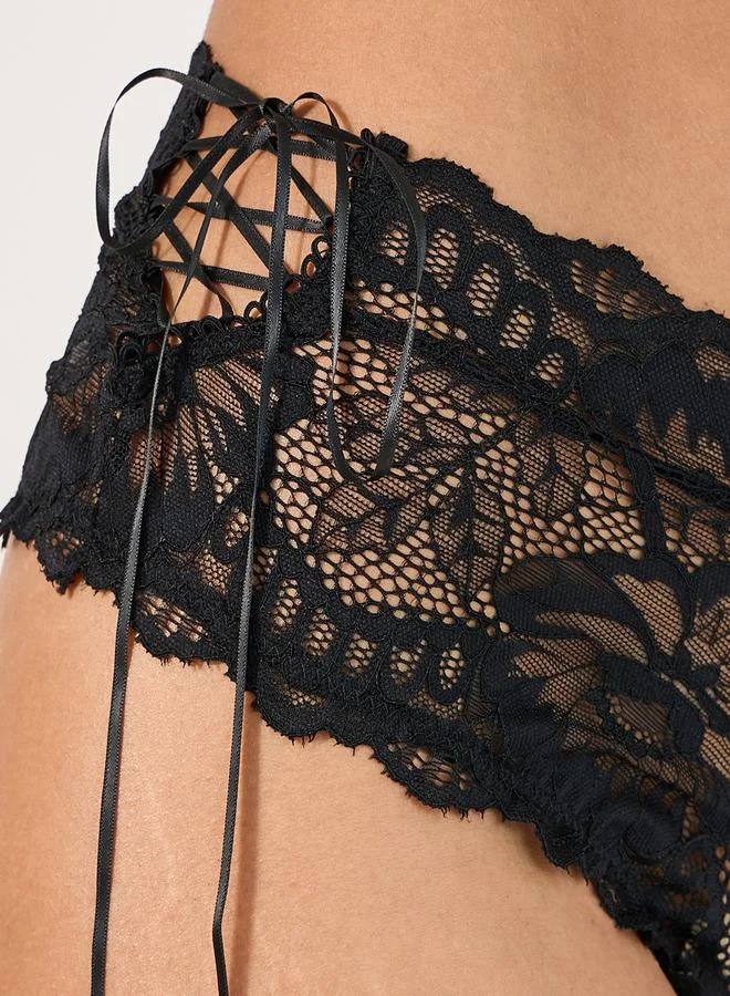 Styli Lace Up Detail Satin Bow Strap Underwired Lace Corset Bra and Brazilian Brief Set