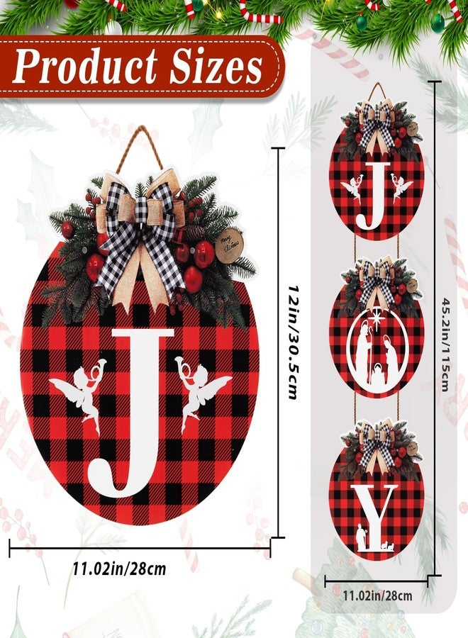 VABAMNA 3 Pcs Buffalo Plaid Christmas Wreaths - Joy Sign with Nativity Scene, 11" Rustic Plastic Hanging Decorations for Home Wall, Porch, Party Supplies - Image 4