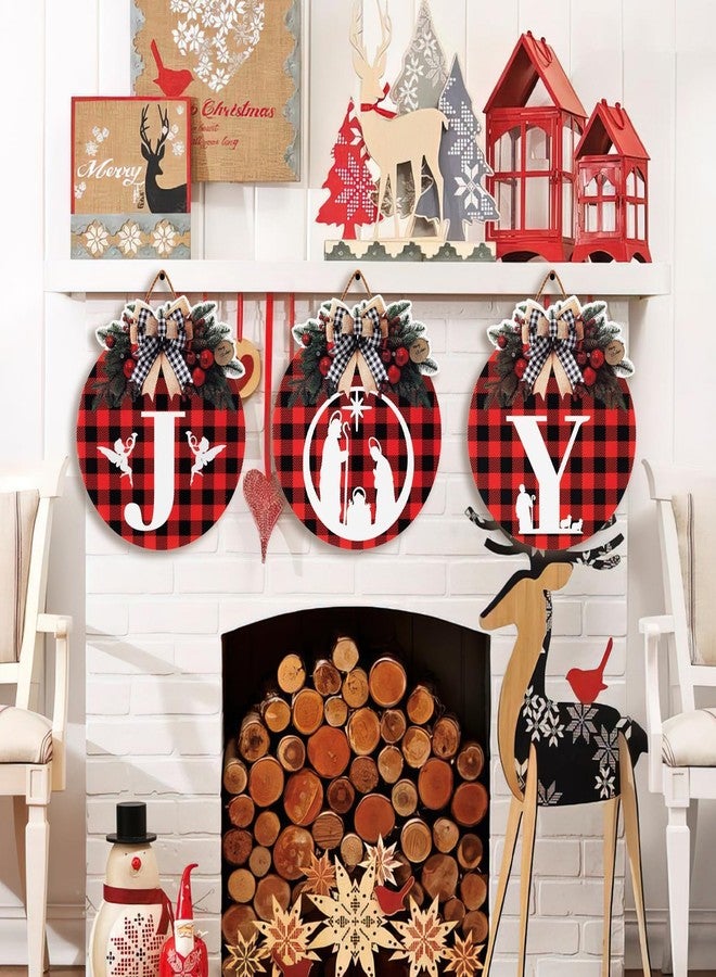 VABAMNA 3 Pcs Buffalo Plaid Christmas Wreaths - Joy Sign with Nativity Scene, 11" Rustic Plastic Hanging Decorations for Home Wall, Porch, Party Supplies - Image 2