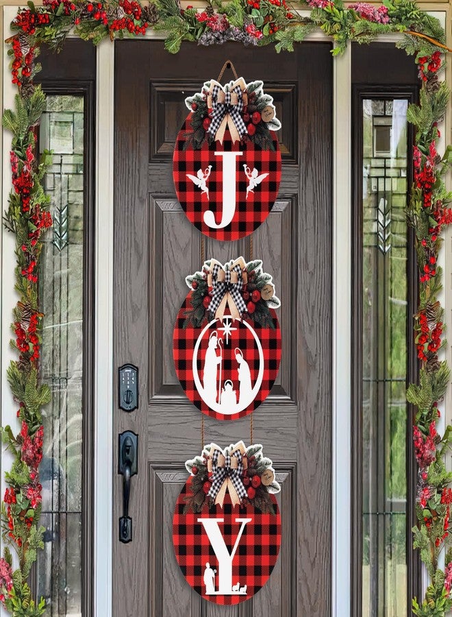 VABAMNA 3 Pcs Buffalo Plaid Christmas Wreaths - Joy Sign with Nativity Scene, 11" Rustic Plastic Hanging Decorations for Home Wall, Porch, Party Supplies - Image 1