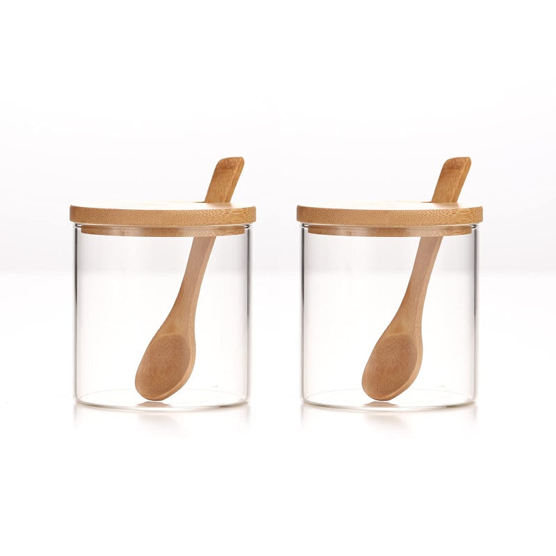 MOLADRI 2 Sets 300ML/10Oz Clear Glass Jar with Bamboo Lid and Wooden Spoon  Cute Sugar Bowl Bath Salt Storage Canister Seasoning Container Condiment Pot with Scoop for Spice  Pepper for Kitchen  Countertop - Image 2