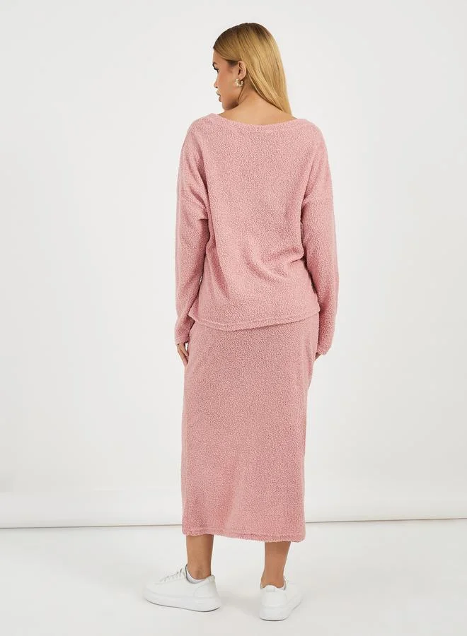Styli Fur Texture Knit V Neck Top & Skirt Co-Ord Set