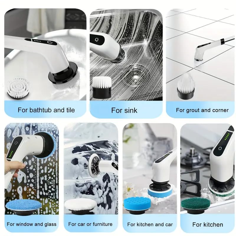 HDView Electric Spin Scrubber,Cordless Cleaning Brush,Shower Cleaning Brush with 8 Replaceable Brush Heads, Power Scrubber 5 Adjustable Speeds for Floor Bathroom Shower Bathtub Glass Car - Image 4