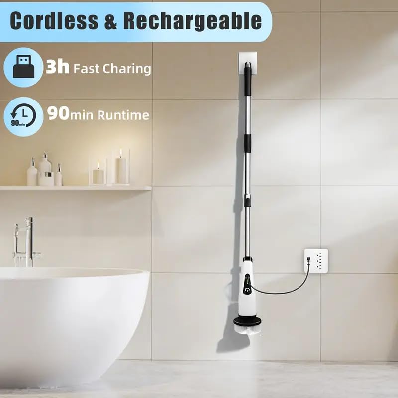 HDView Electric Spin Scrubber,Cordless Cleaning Brush,Shower Cleaning Brush with 8 Replaceable Brush Heads, Power Scrubber 5 Adjustable Speeds for Floor Bathroom Shower Bathtub Glass Car - Image 2
