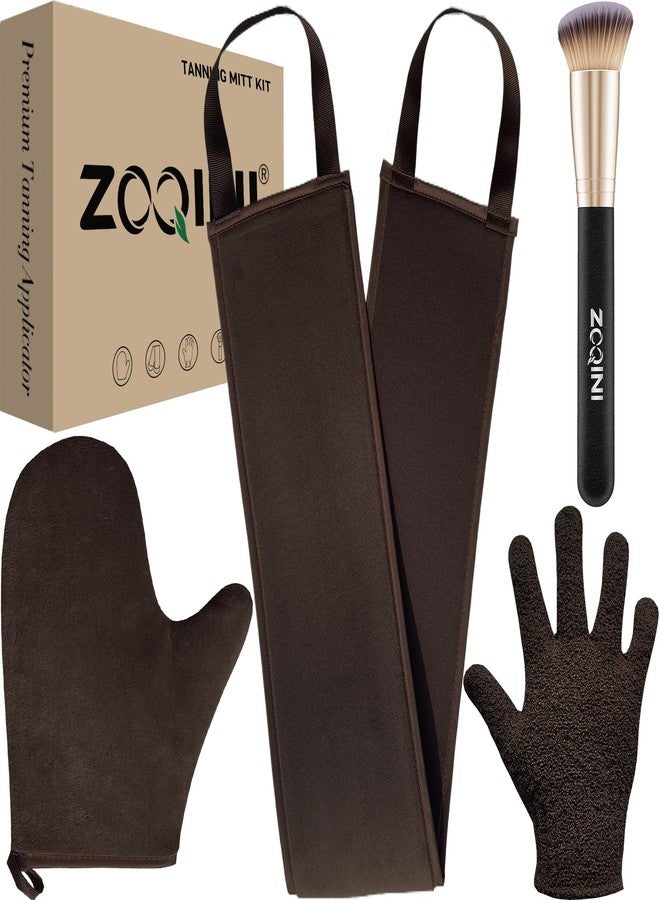 ZOQINI Self Tanning Mitt Kit, Velvety Soft Tanner Mitt and Back Tanning Applicator, Exfoliating Glove, Angled Face Tanner Brush for Sunless Tanning Oil Lotion Mousse Gel (4 Pack Bronze, Boxed) - Image 1