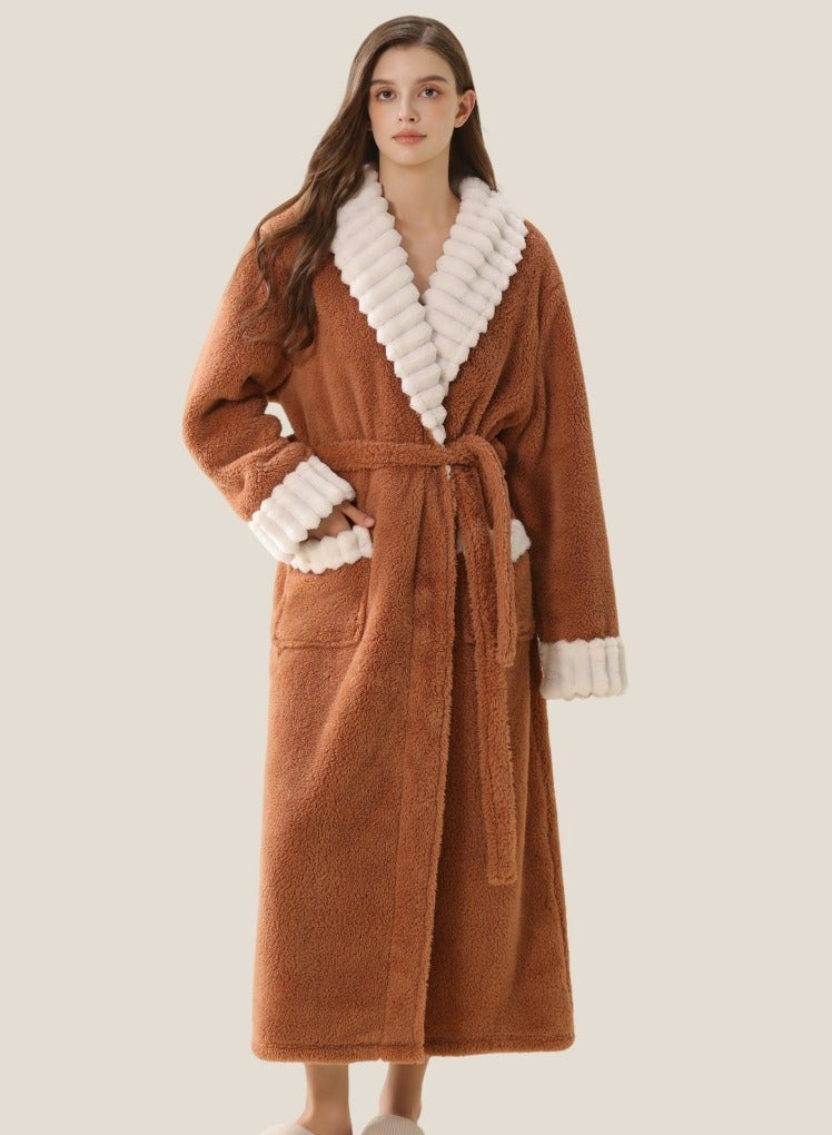Loquat Womens Winter Long Thick Lapel Nightgown Flannel Bathrobe Pajamas With Belt Brown - Image 1