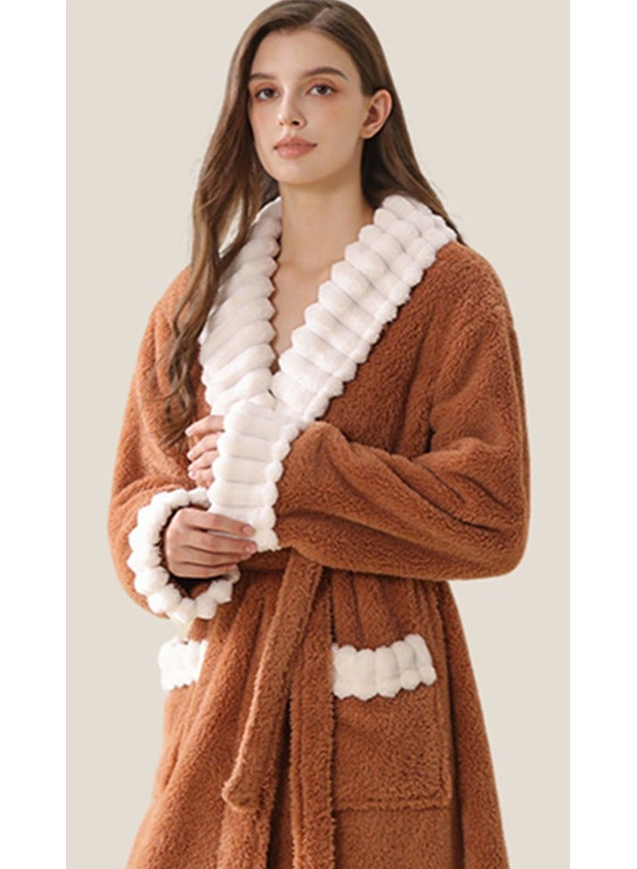 Loquat Womens Winter Long Thick Lapel Nightgown Flannel Bathrobe Pajamas With Belt Brown - Image 2