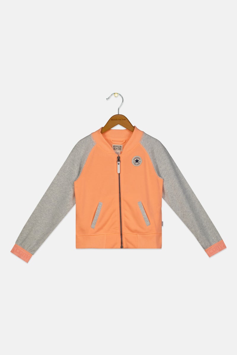 CONVERSE Kids Girls Brand Logo Full Zipper Sweatshirt, Coral - Image 1
