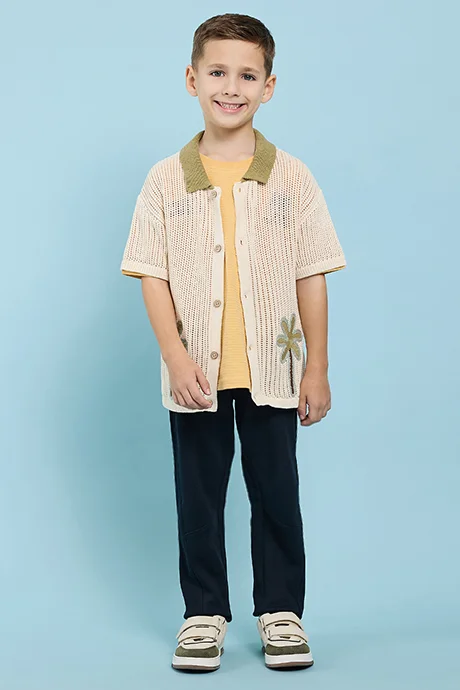 أر أند بي Embroidered Shirt with Classic Collar and Short Sleeves