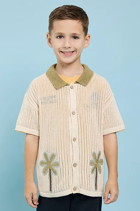أر أند بي Embroidered Shirt with Classic Collar and Short Sleeves
