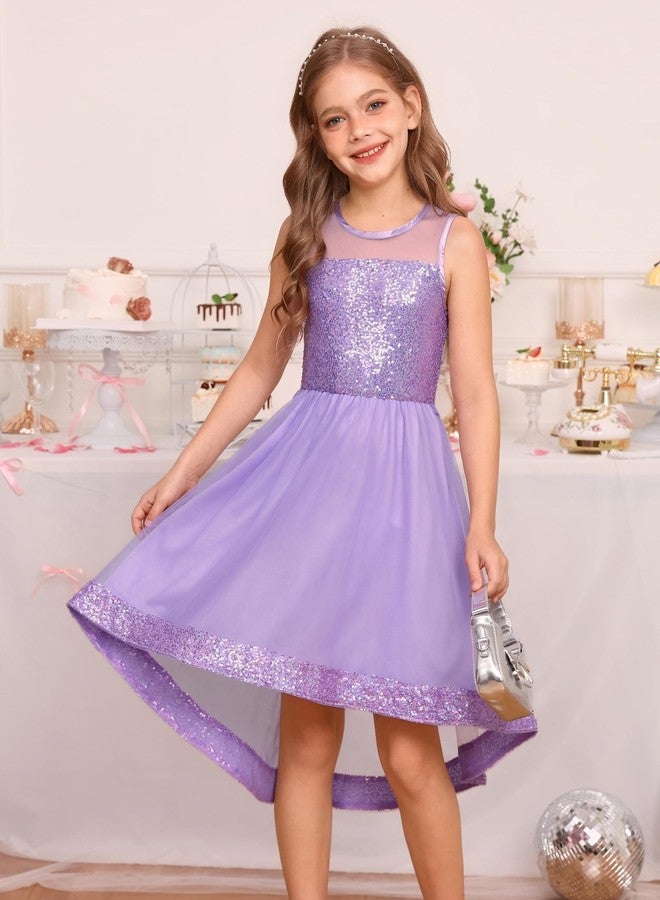 GRACE KARIN Girls Sequin Party Formal Dress Wedding Guest Sparkle Fancy Birthday Tulle High Low Prom Dresses 6-14 Years, Fantasy Purple, 7-8 Years - Image 2