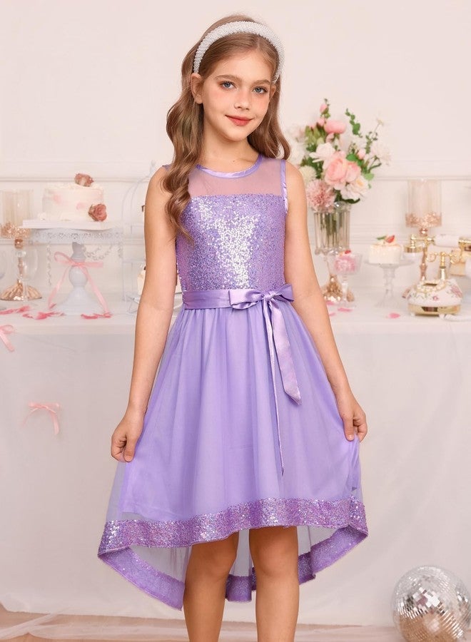GRACE KARIN Girls Sequin Party Formal Dress Wedding Guest Sparkle Fancy Birthday Tulle High Low Prom Dresses 6-14 Years, Fantasy Purple, 7-8 Years - Image 4