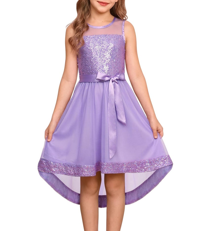 GRACE KARIN Girls Sequin Party Formal Dress Wedding Guest Sparkle Fancy Birthday Tulle High Low Prom Dresses 6-14 Years, Fantasy Purple, 7-8 Years - Image 1