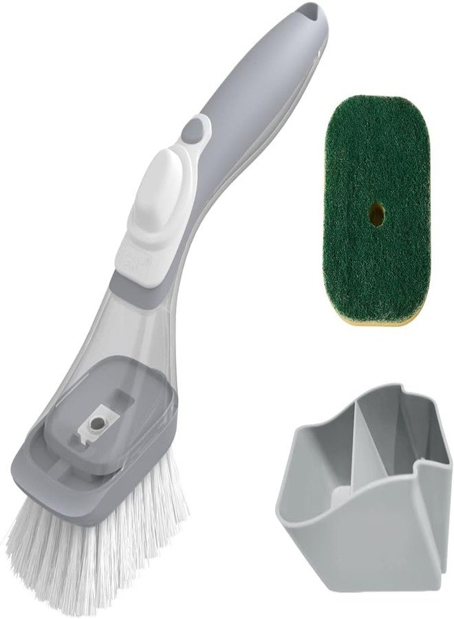 CQT Soap Dispensing Dish Brush Storage Set, Dish Scrubber with Handle, Kitchen Washing Brush for Pot Pan Sink Cleaning, Kitchen Brush with Holder and 1 Replaced Scouring Pad Head - Image 1